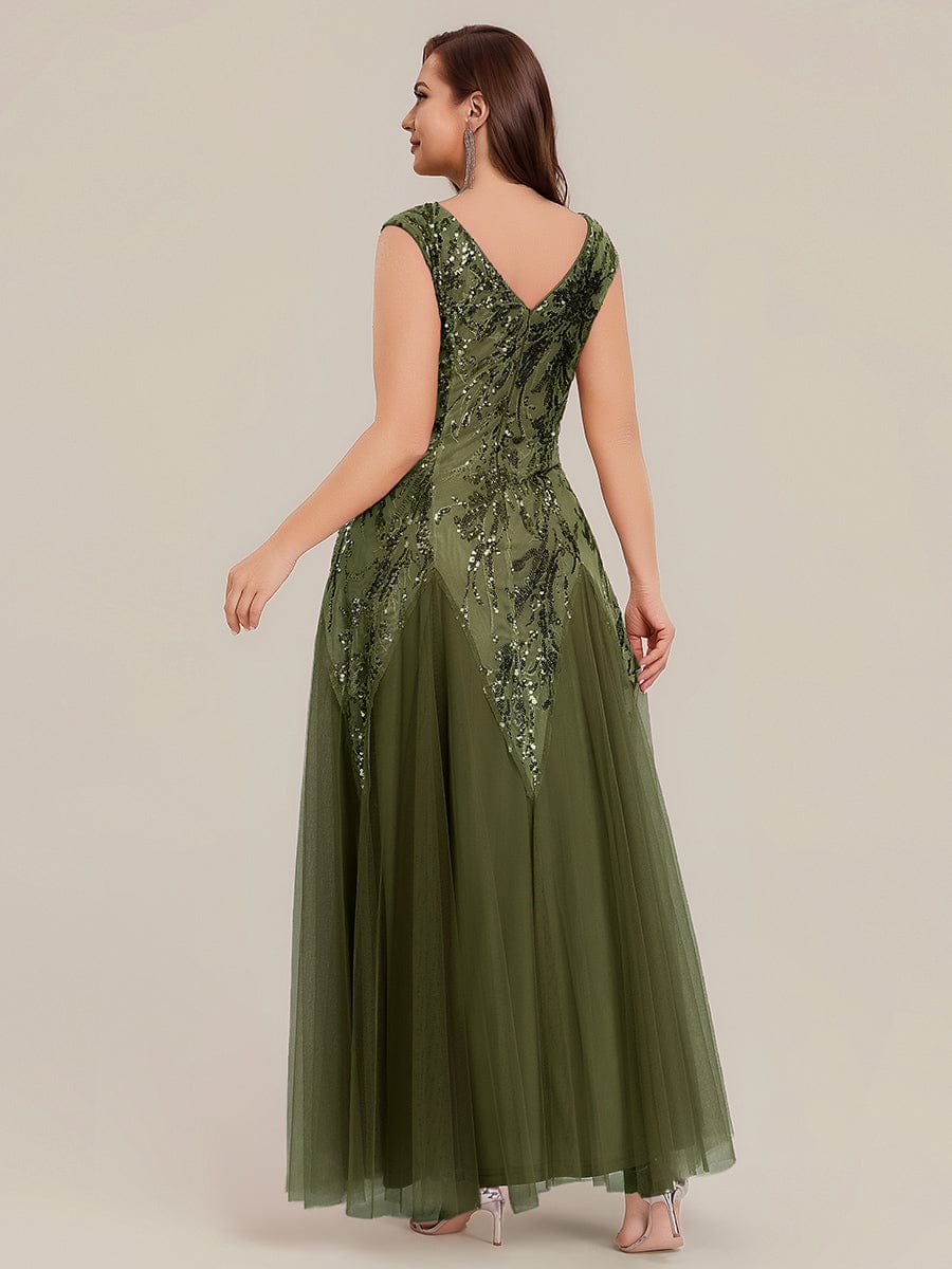 Embroidered Sequin Cap Sleeve Dress #color_Olive Green