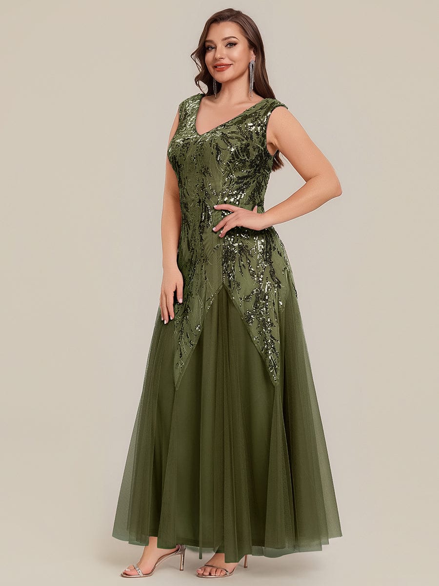 Embroidered Sequin Cap Sleeve Dress #color_Olive Green
