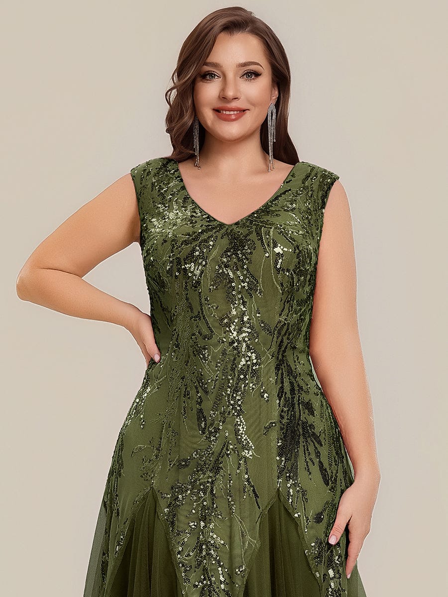 Embroidered Sequin Cap Sleeve Dress #color_Olive Green