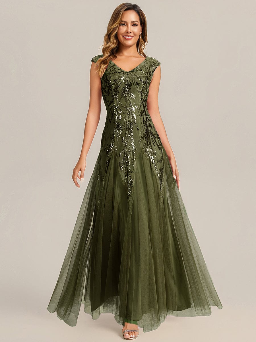 Embroidered Sequin Cap Sleeve Dress #color_Olive Green