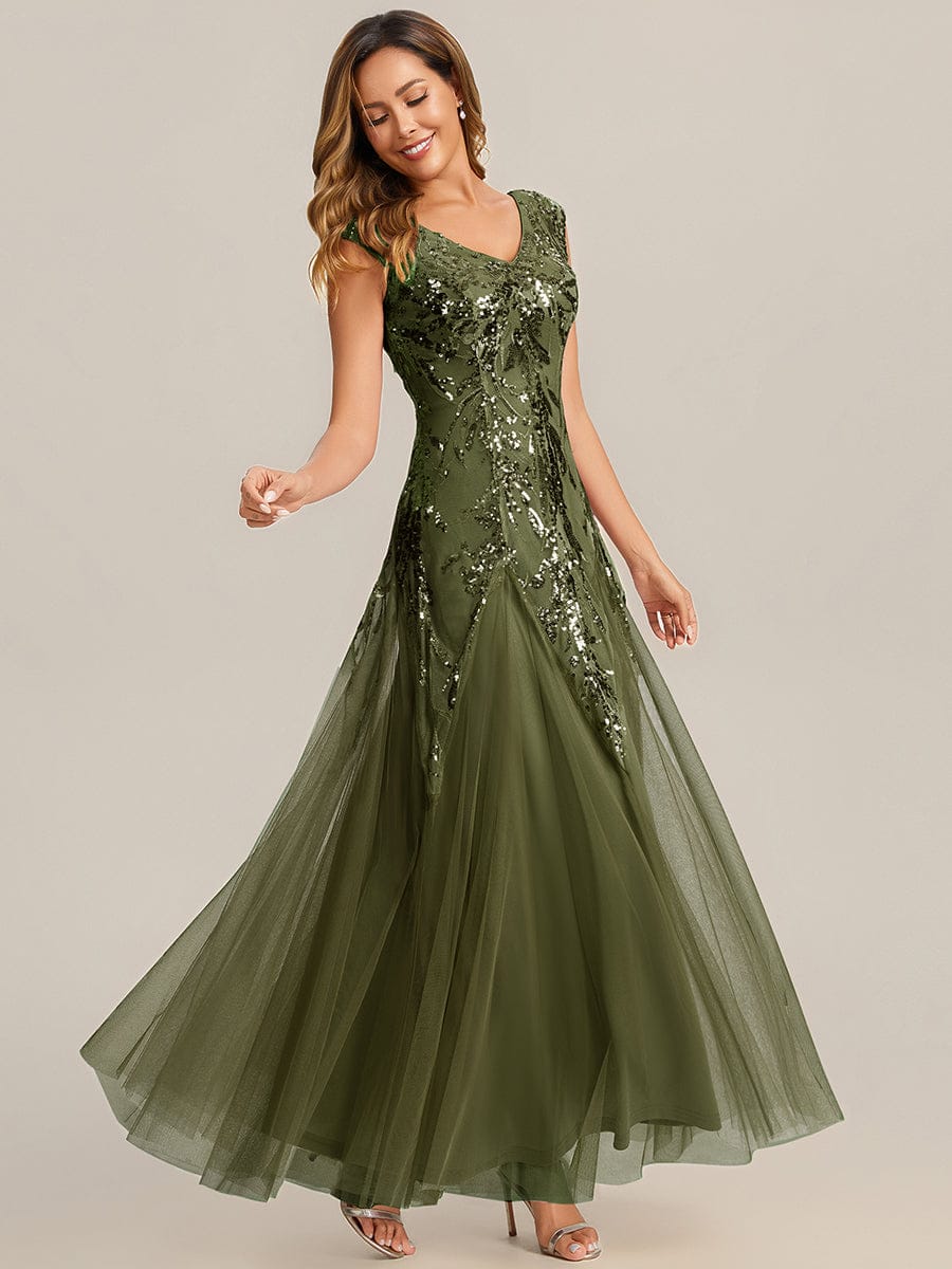 Embroidered Sequin Cap Sleeve Dress #color_Olive Green