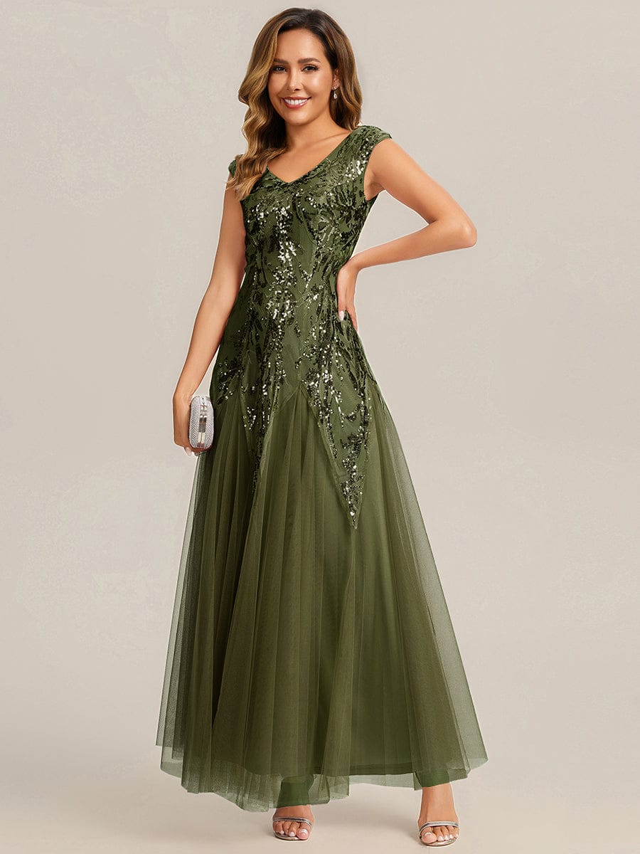 Embroidered Sequin Cap Sleeve Dress #color_Olive Green