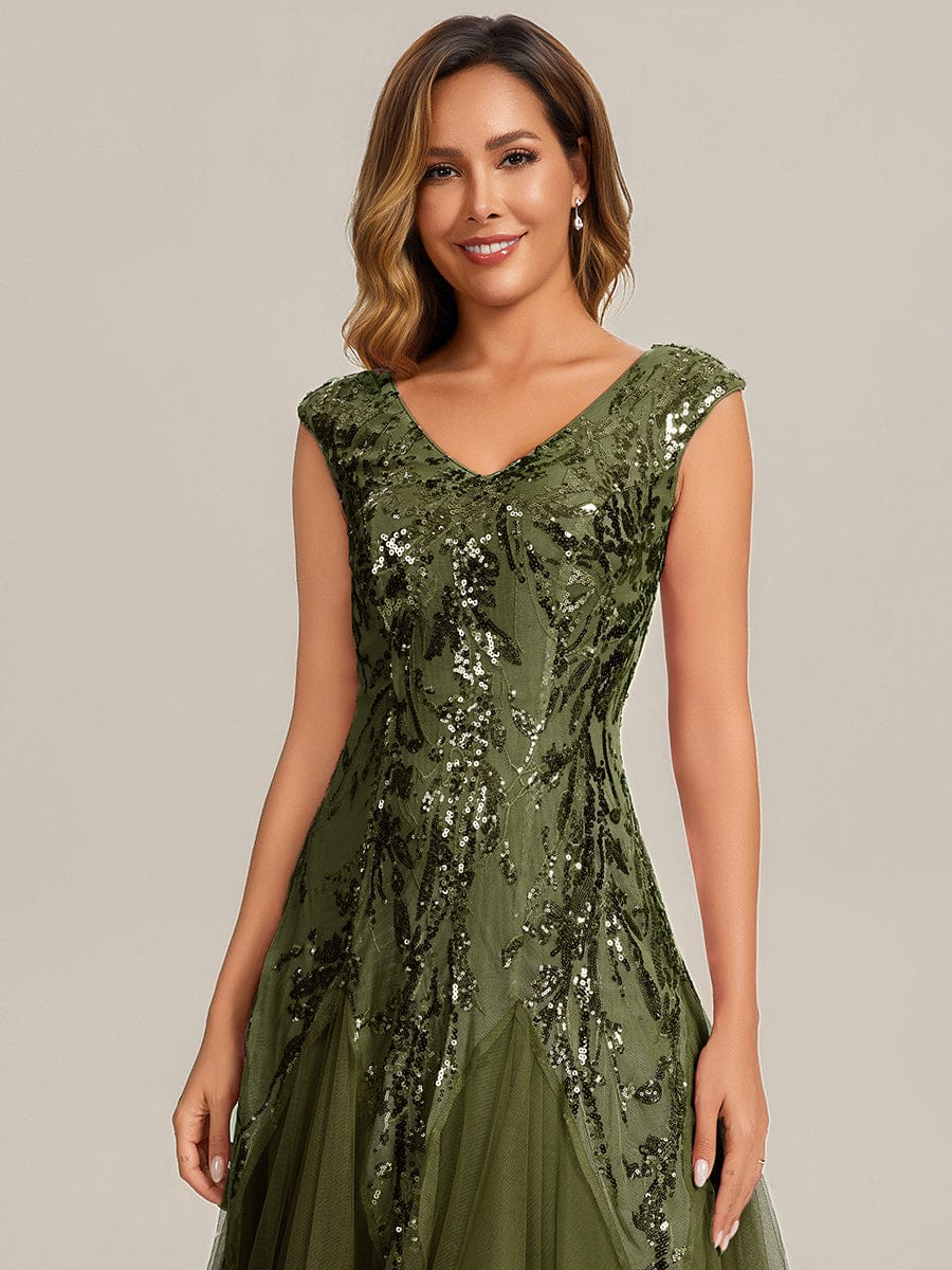 Embroidered Sequin Cap Sleeve Dress #color_Olive Green