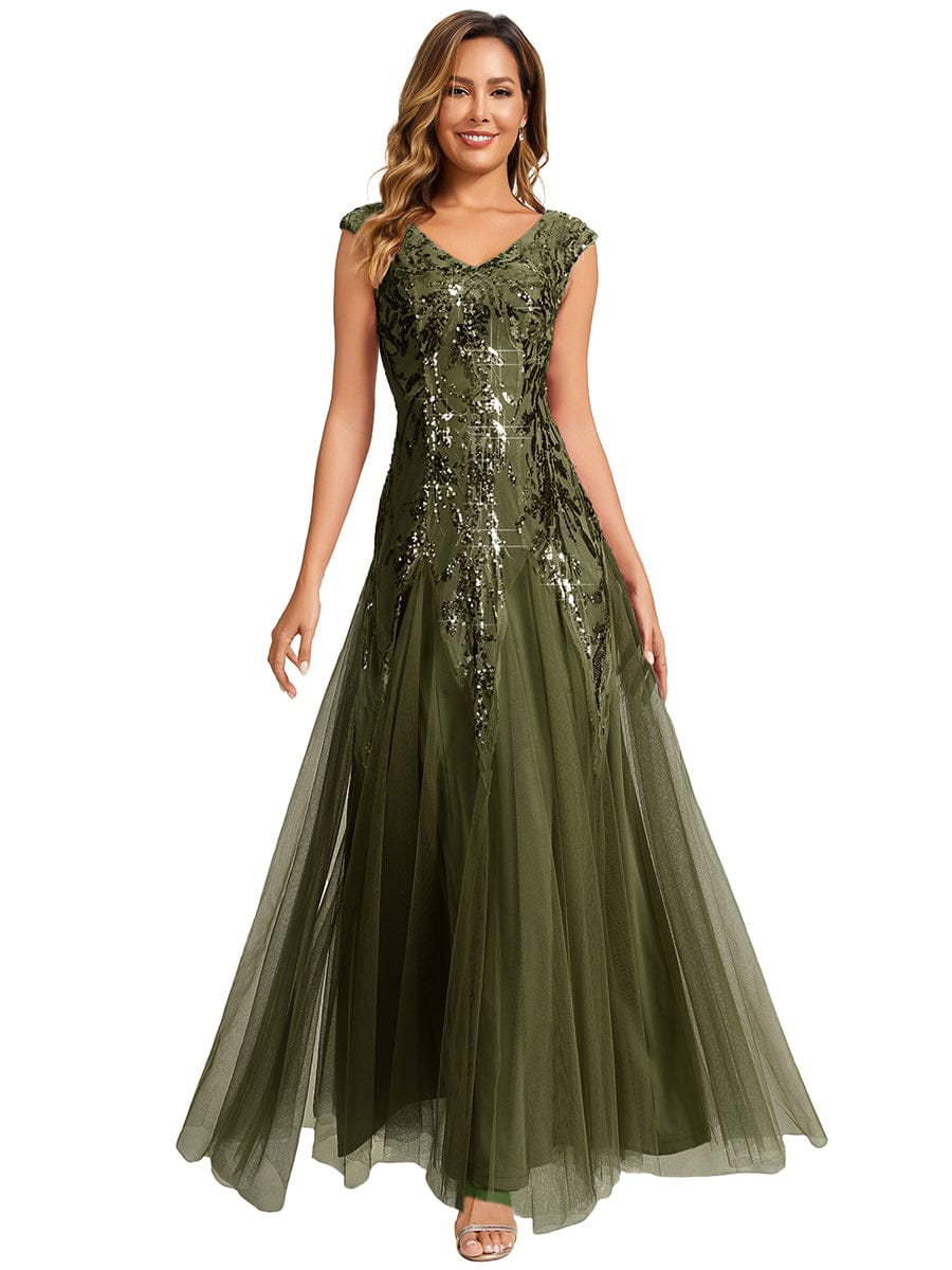 Embroidered Sequin Cap Sleeve Dress #color_Olive Green
