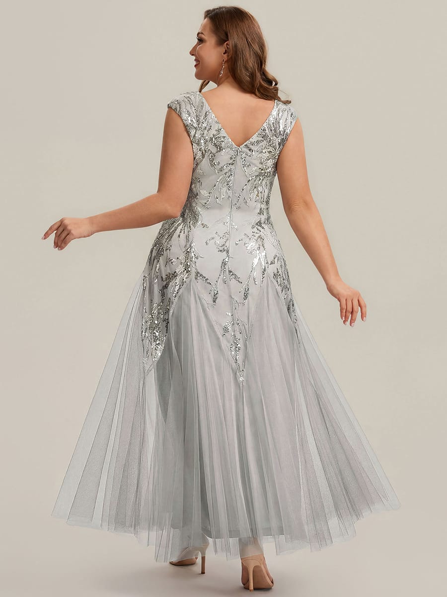 Embroidered Sequin Cap Sleeve Dress #color_Silver