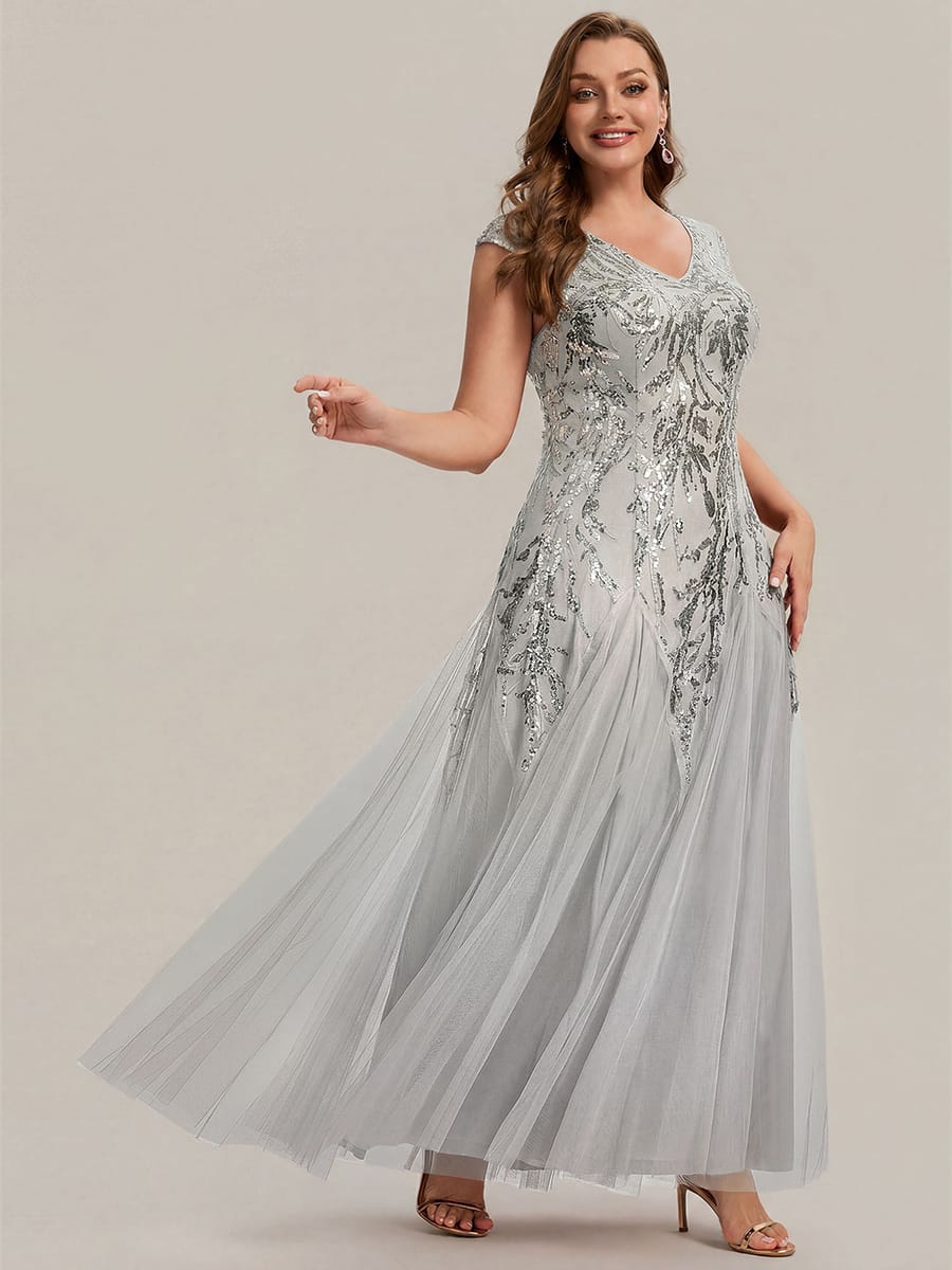 Embroidered Sequin Cap Sleeve Dress #color_Silver