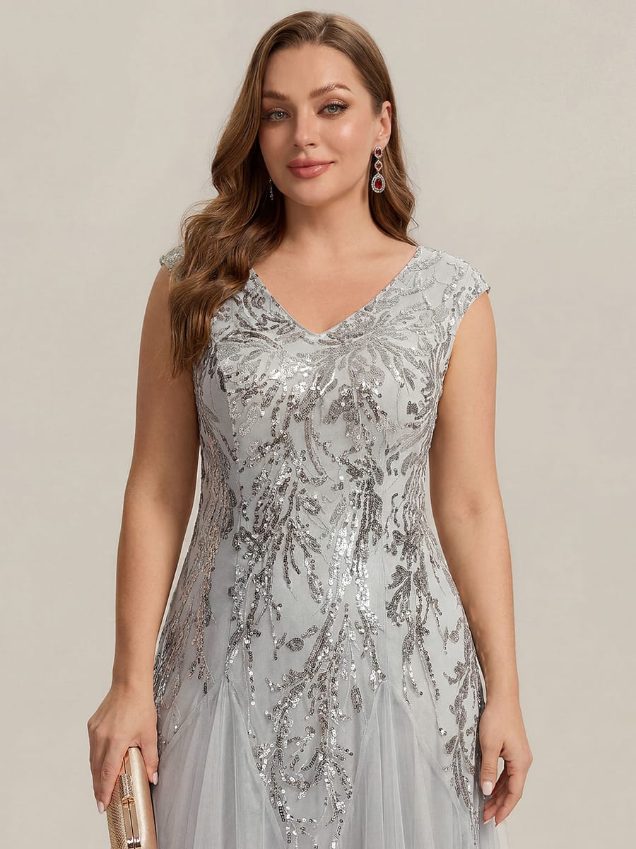 Embroidered Sequin Cap Sleeve Dress #color_Silver