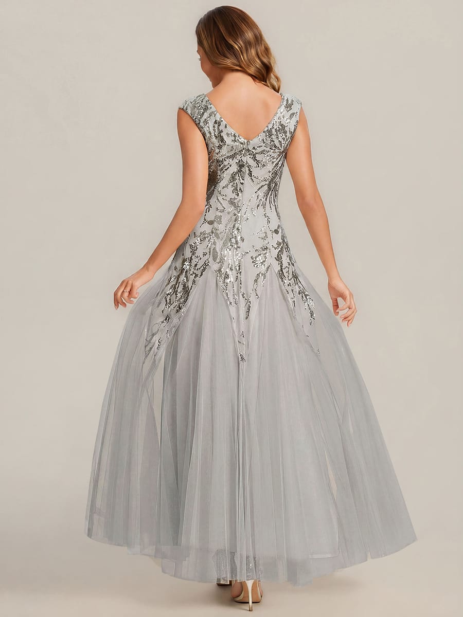 Embroidered Sequin Cap Sleeve Dress #color_Silver