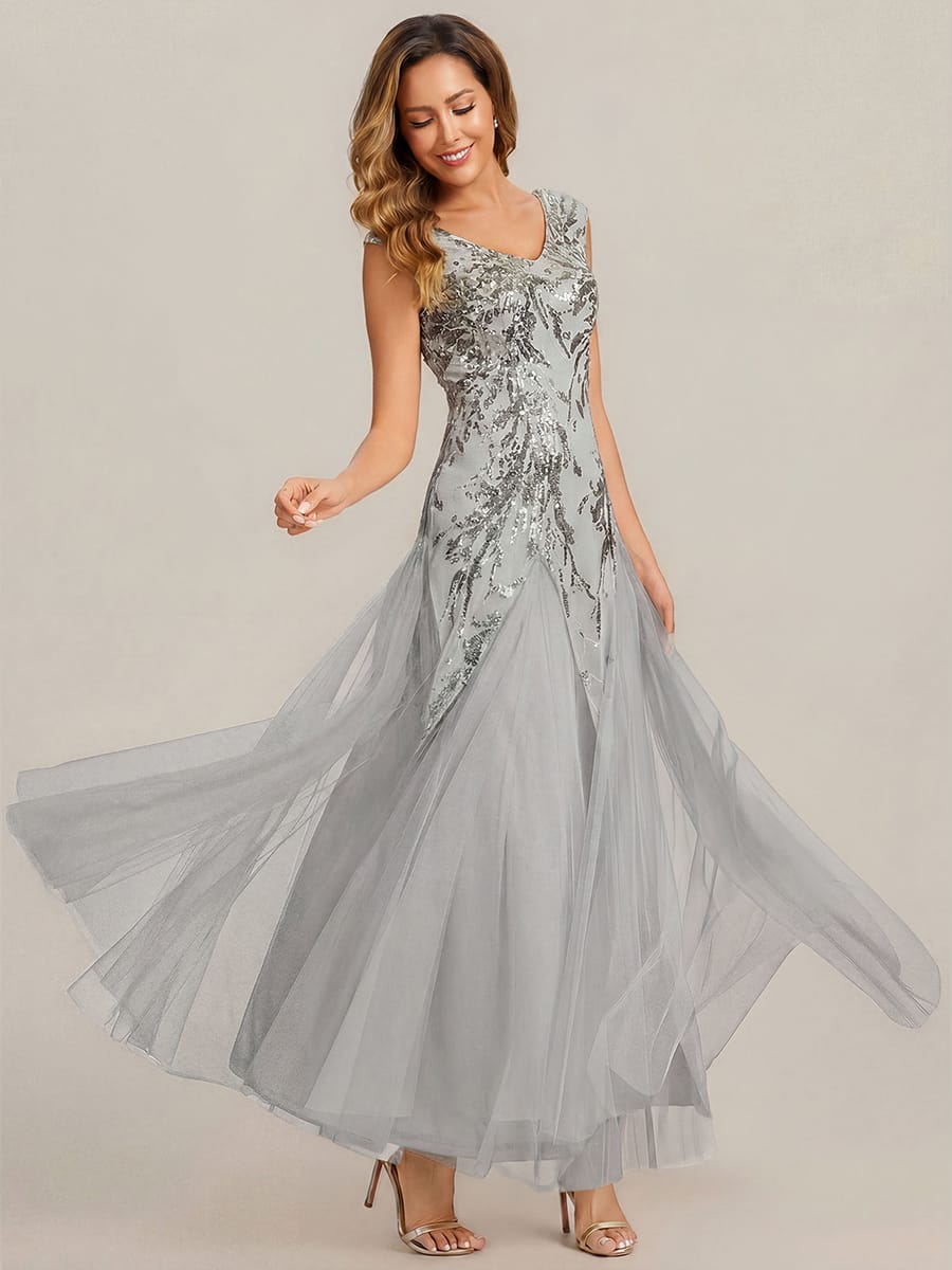 Embroidered Sequin Cap Sleeve Dress #color_Silver