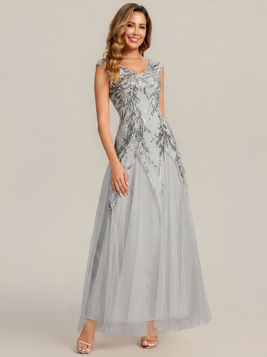 Embroidered Sequin Cap Sleeve Dress #color_Silver