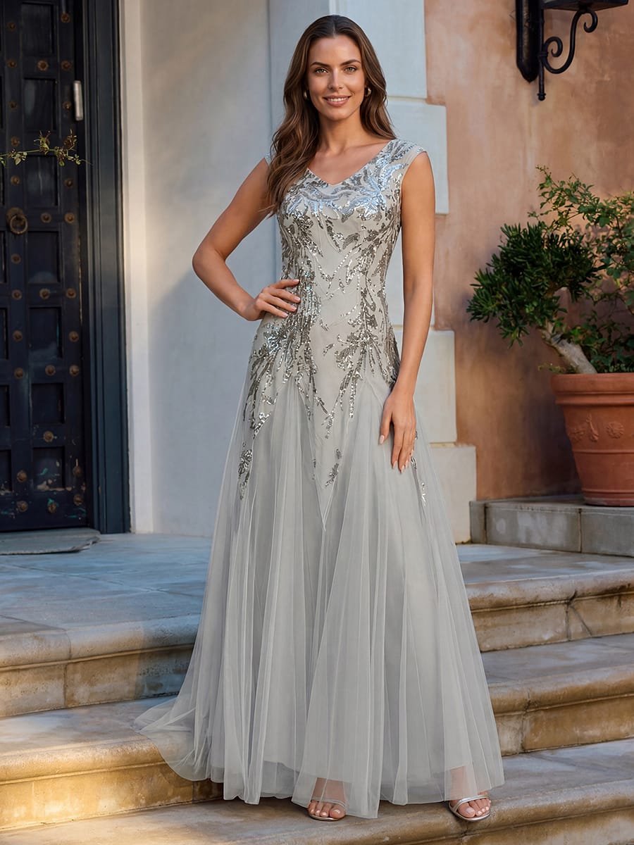 Embroidered Sequin Cap Sleeve Dress #color_Silver