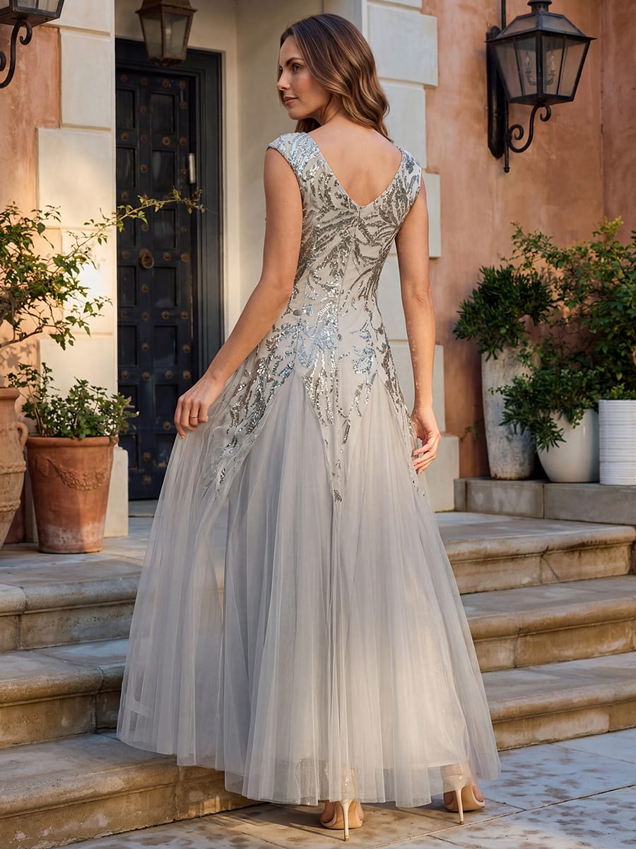 Embroidered Sequin Cap Sleeve Dress #color_Silver