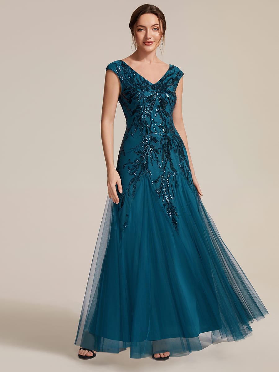 Embroidered Sequin Cap Sleeve Dress #color_Teal