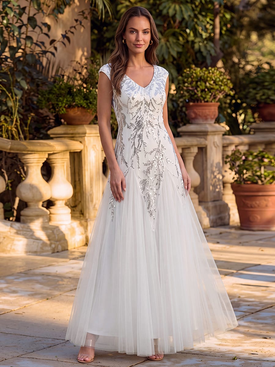 Embroidered Sequin Cap Sleeve Dress #color_White