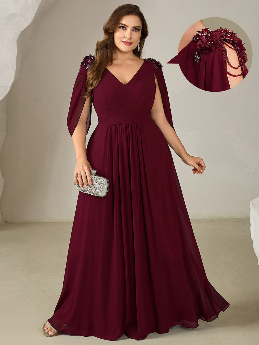 Floral Chiffon Tulip Sleeve Evening Dress #color_Burgundy