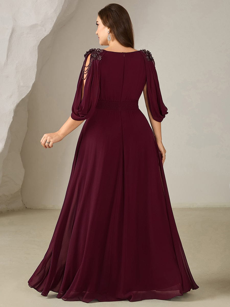 Floral Chiffon Tulip Sleeve Evening Dress #color_Burgundy