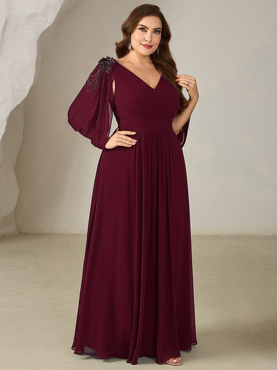 Floral Chiffon Tulip Sleeve Evening Dress #color_Burgundy