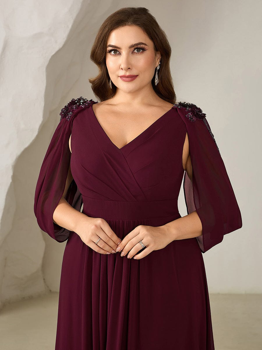 Floral Chiffon Tulip Sleeve Evening Dress #color_Burgundy