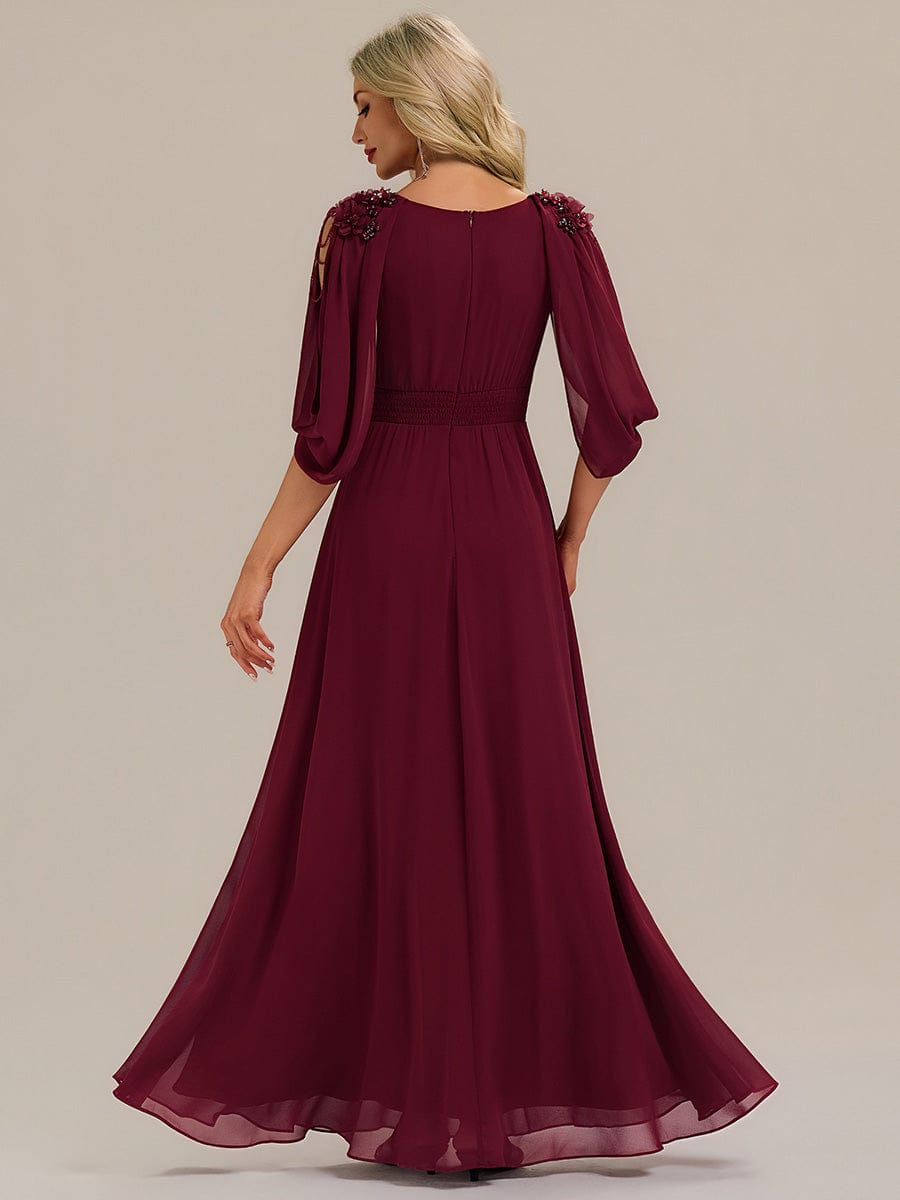 Floral Chiffon Tulip Sleeve Evening Dress #color_Burgundy