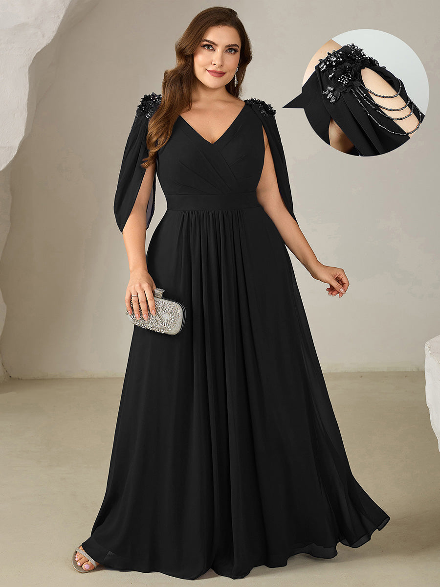 Floral Chiffon Tulip Sleeve Evening Dress #color_Black