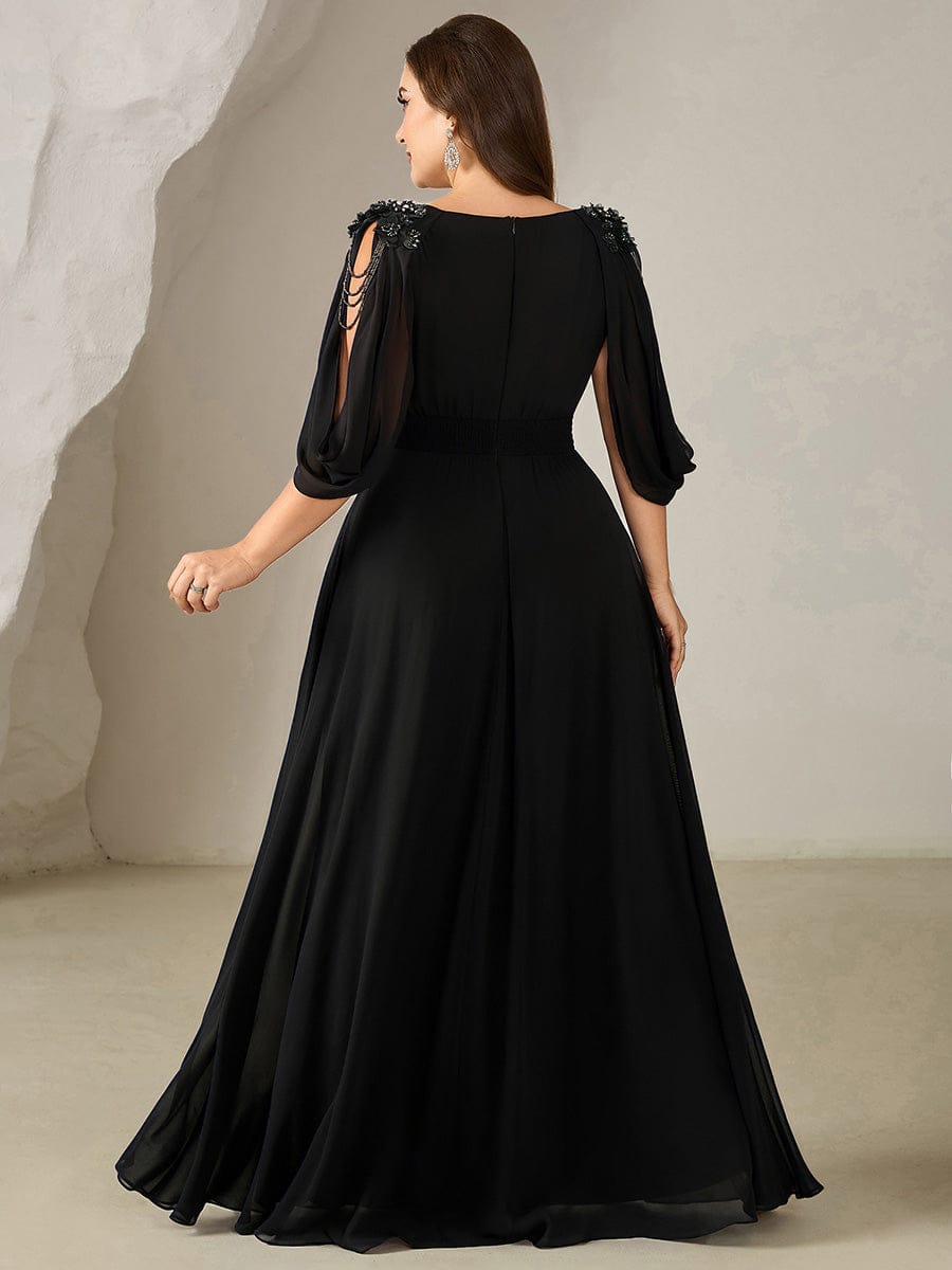 Floral Chiffon Tulip Sleeve Evening Dress #color_Black