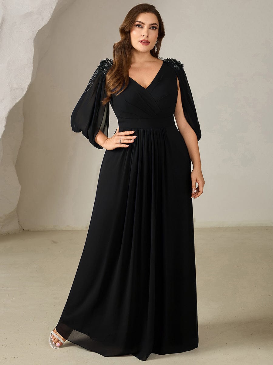 Floral Chiffon Tulip Sleeve Evening Dress #color_Black