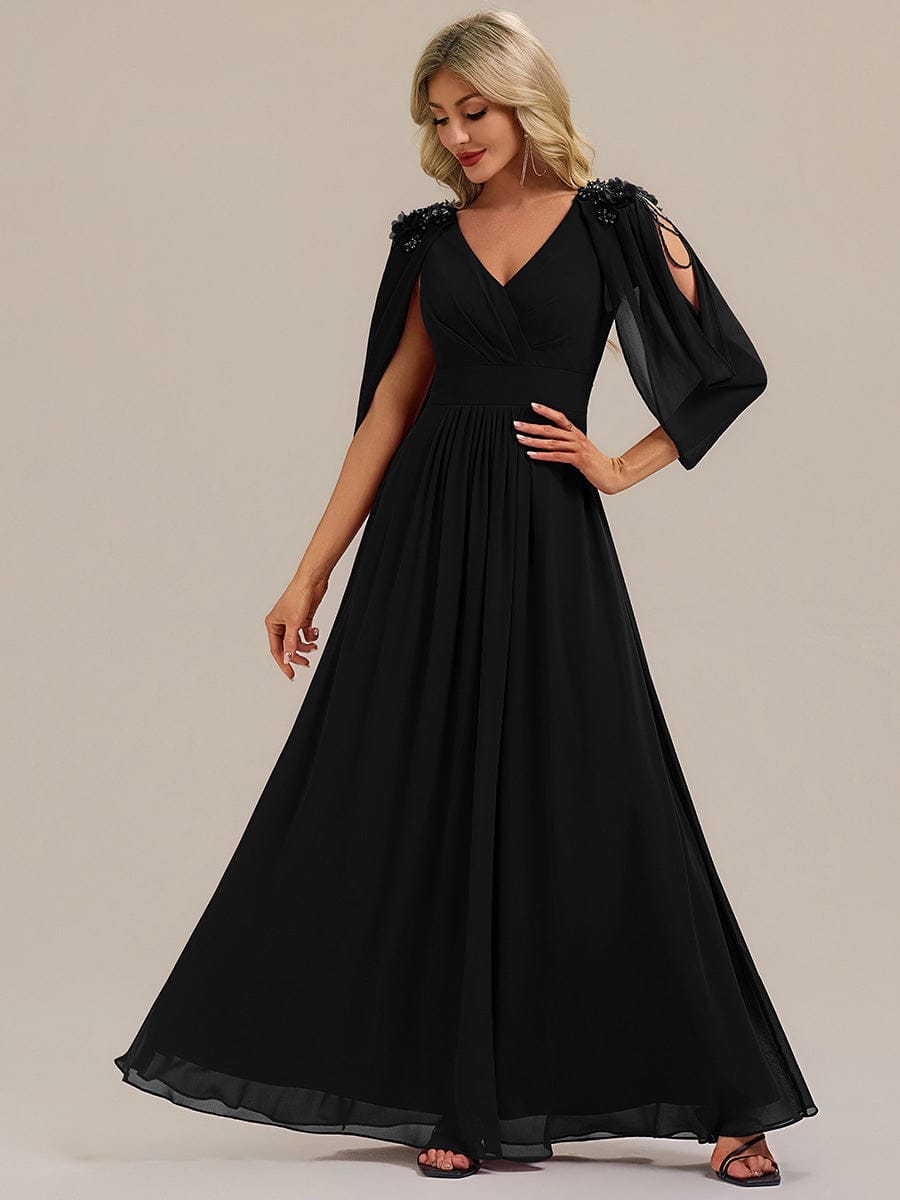 Floral Chiffon Tulip Sleeve Evening Dress #color_Black