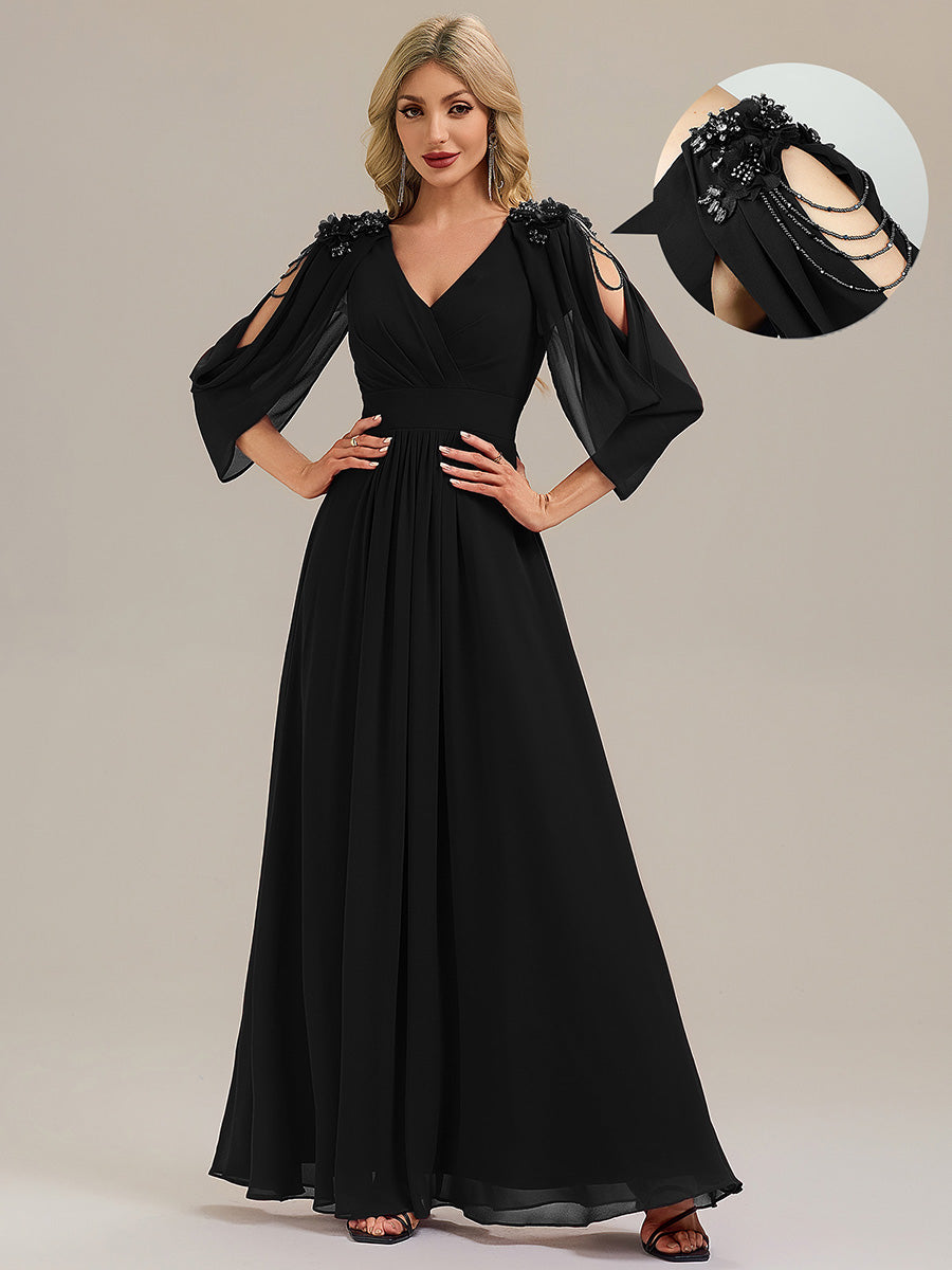 Floral Chiffon Tulip Sleeve Evening Dress #color_Black
