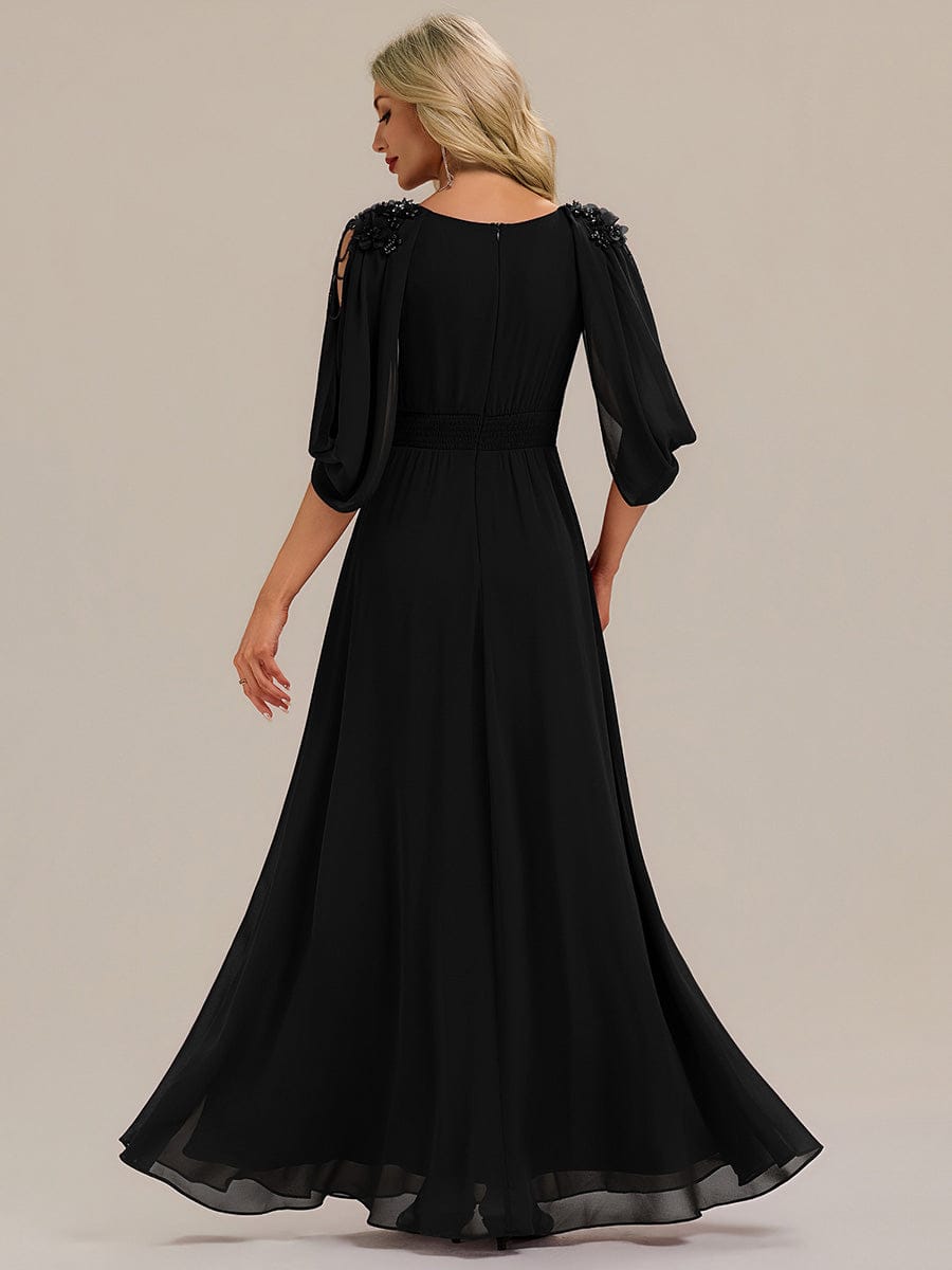 Floral Chiffon Tulip Sleeve Evening Dress #color_Black