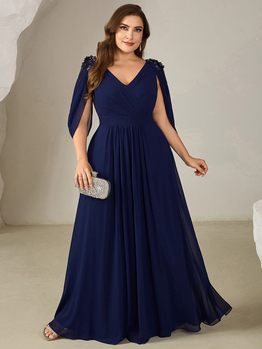 Floral Chiffon Tulip Sleeve Evening Dress #color_Navy Blue
