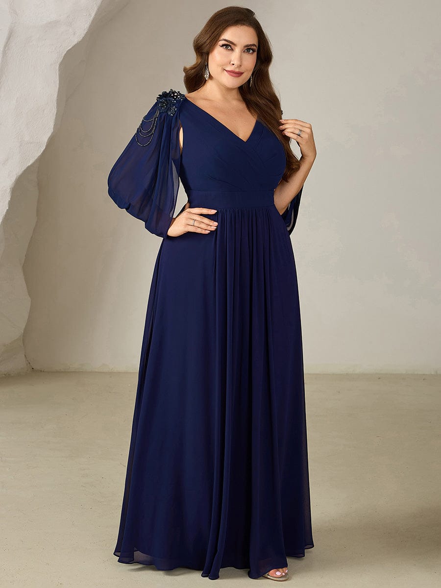 Floral Chiffon Tulip Sleeve Evening Dress #color_Navy Blue