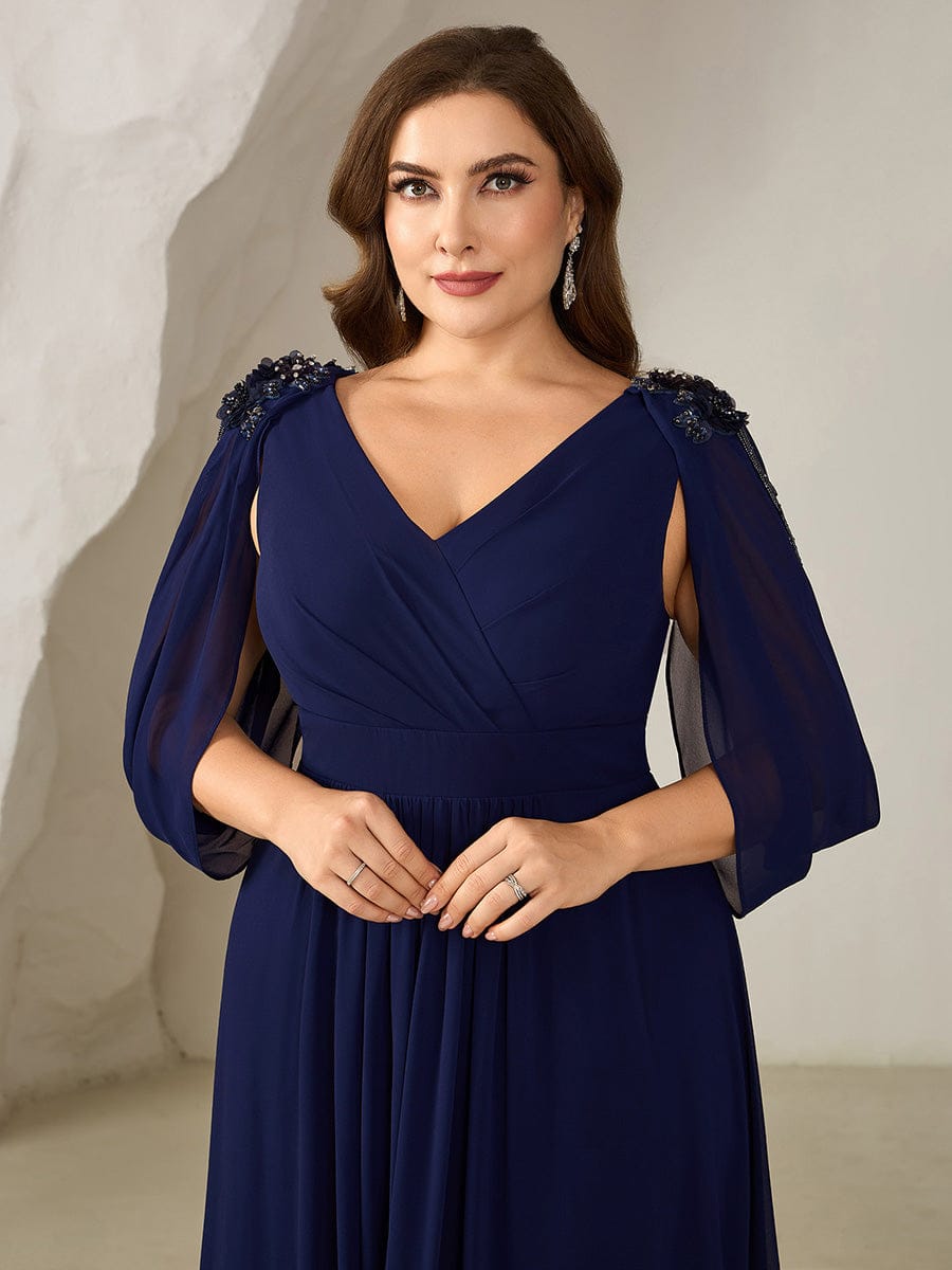 Floral Chiffon Tulip Sleeve Evening Dress #color_Navy Blue