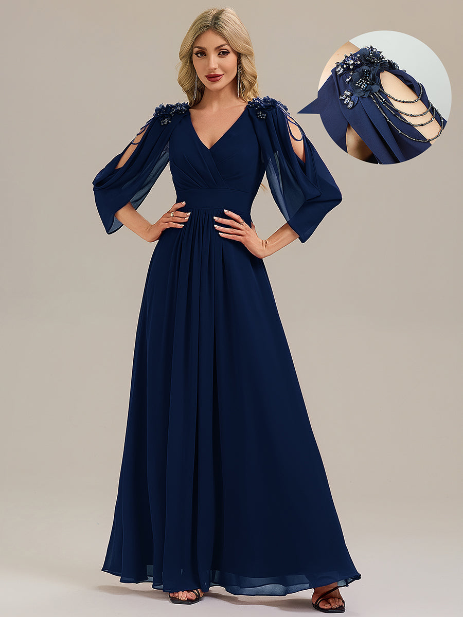 Floral Chiffon Tulip Sleeve Evening Dress #color_Navy Blue