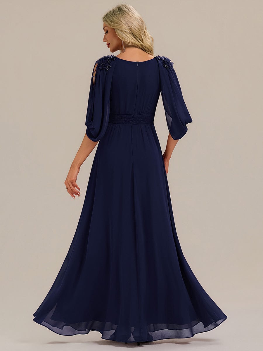 Floral Chiffon Tulip Sleeve Evening Dress #color_Navy Blue