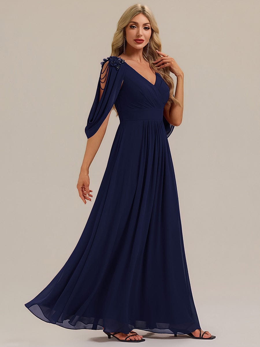 Floral Chiffon Tulip Sleeve Evening Dress #color_Navy Blue