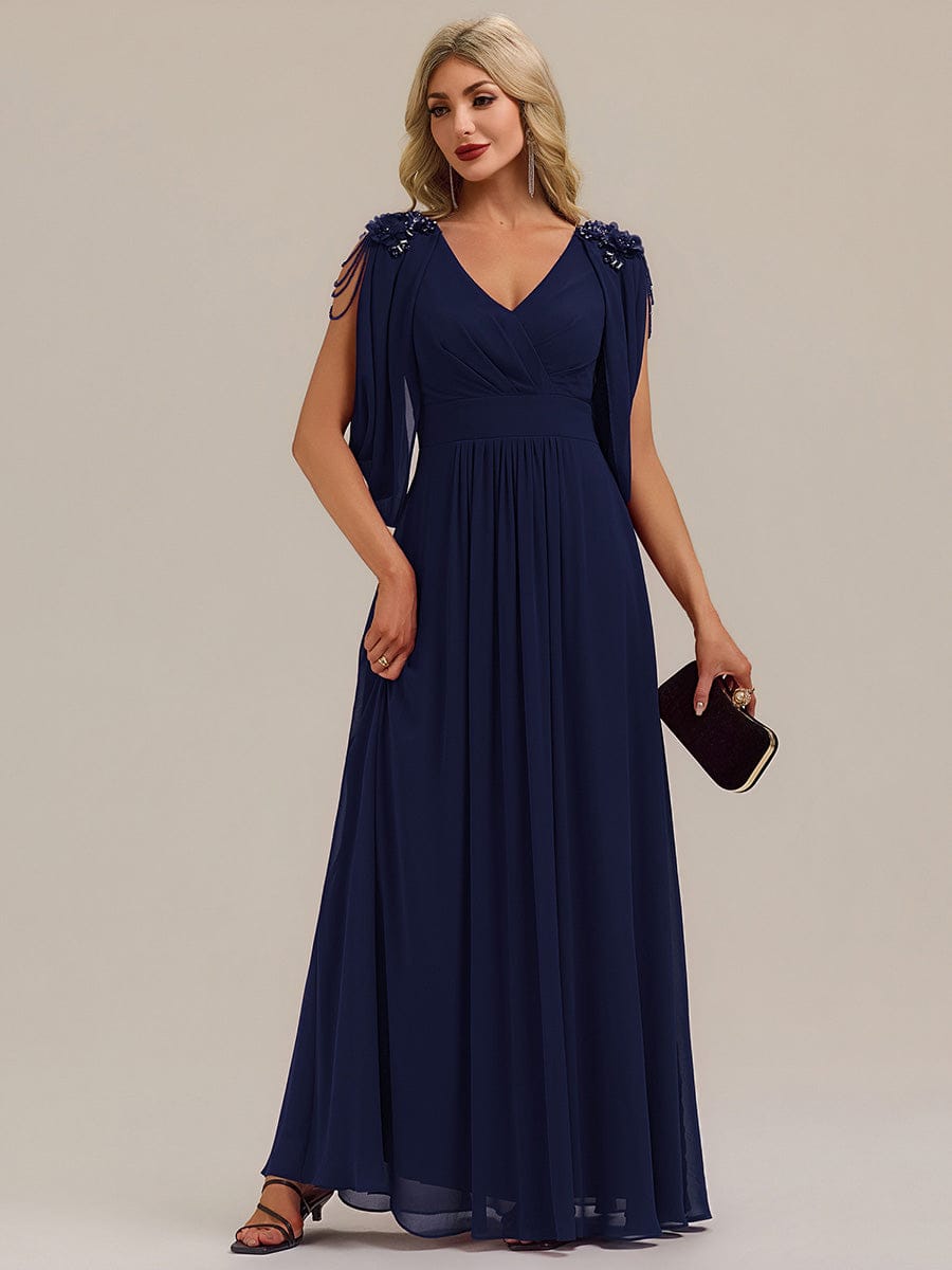 Floral Chiffon Tulip Sleeve Evening Dress #color_Navy Blue