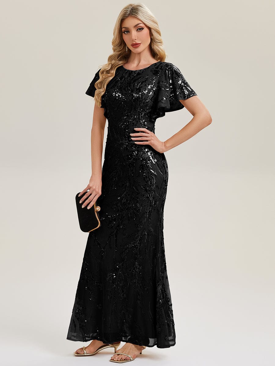 Thigh-High Slit Sequin Batwing Sleeve Evening Dress #color_Black