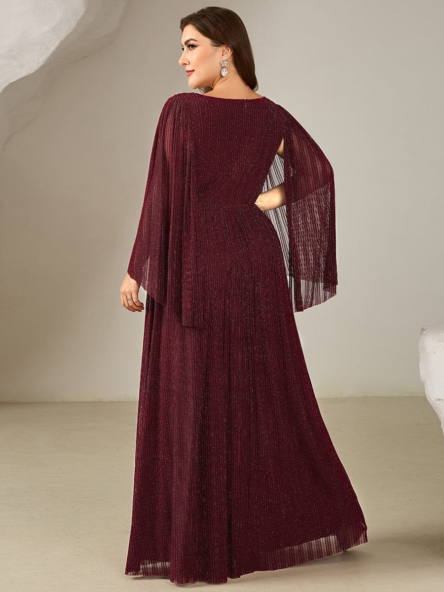 Deep V-Neck Mesh Batwing Sleeve Evening Dress #color_Burgundy