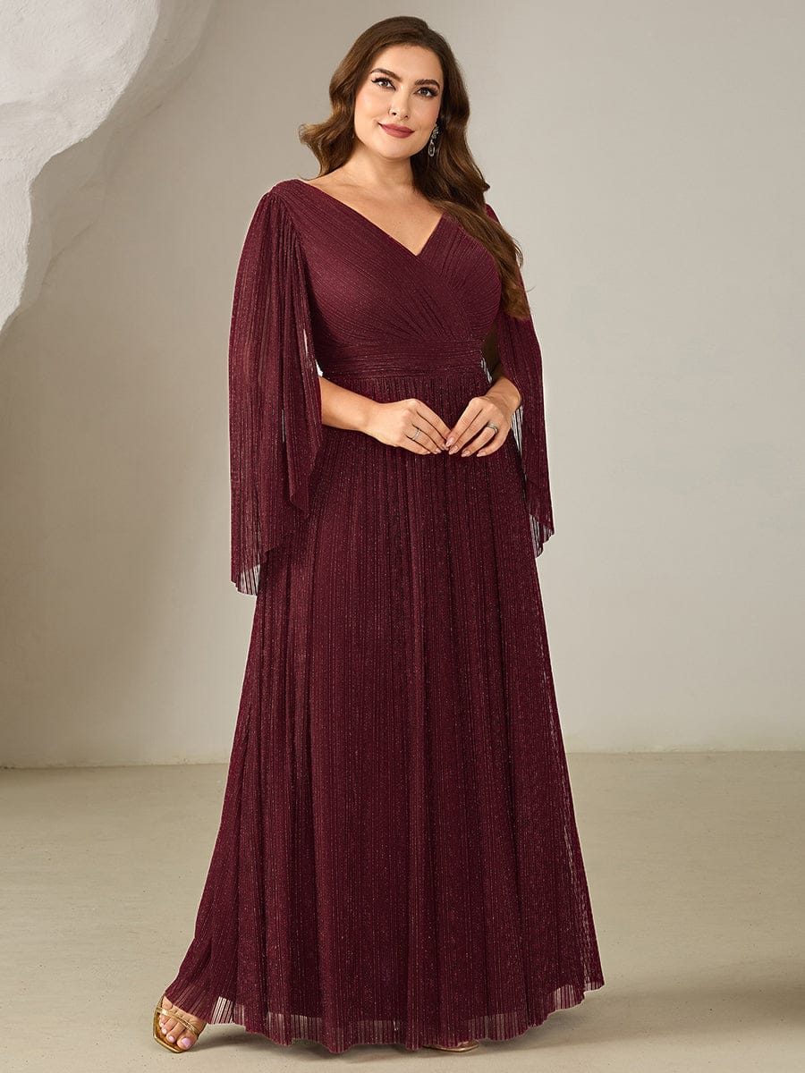 Deep V-Neck Mesh Batwing Sleeve Evening Dress #color_Burgundy