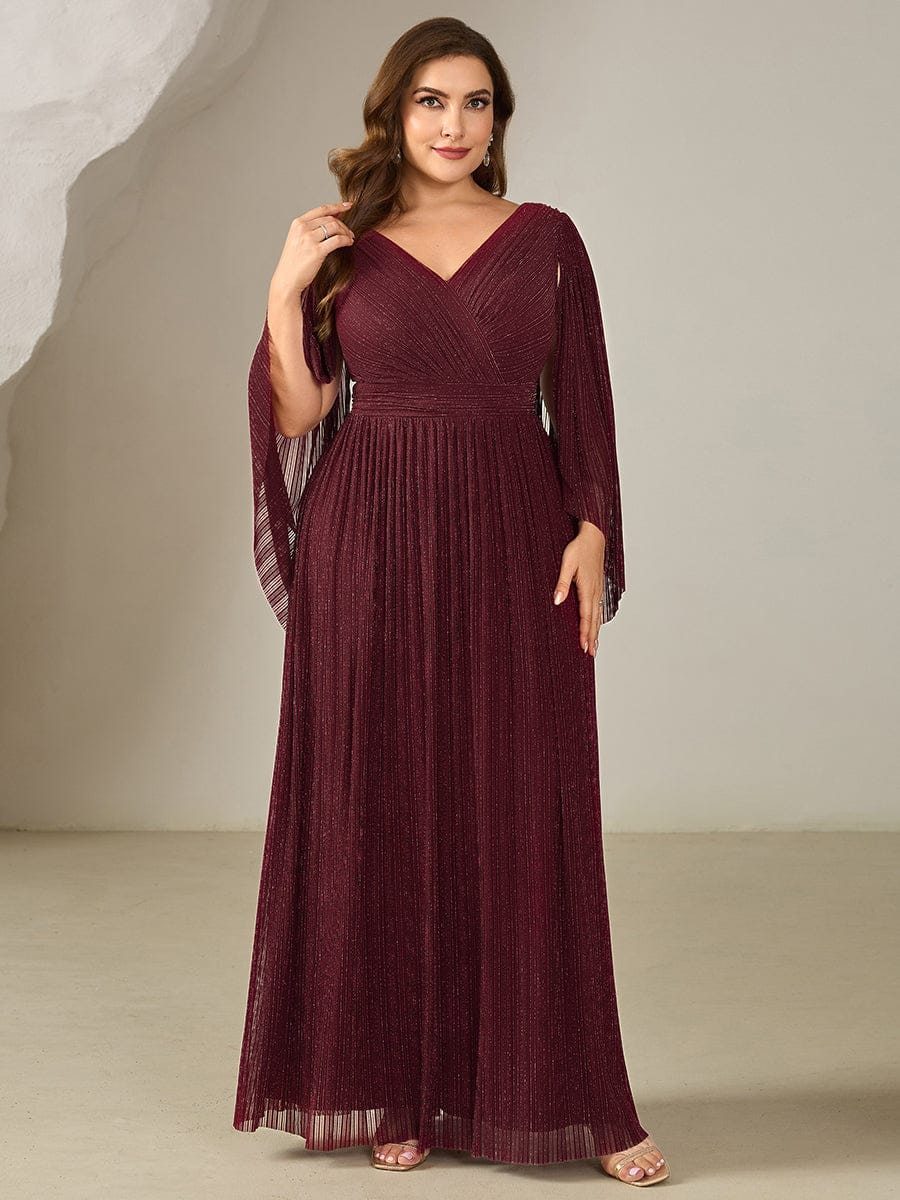Deep V-Neck Mesh Batwing Sleeve Evening Dress #color_Burgundy