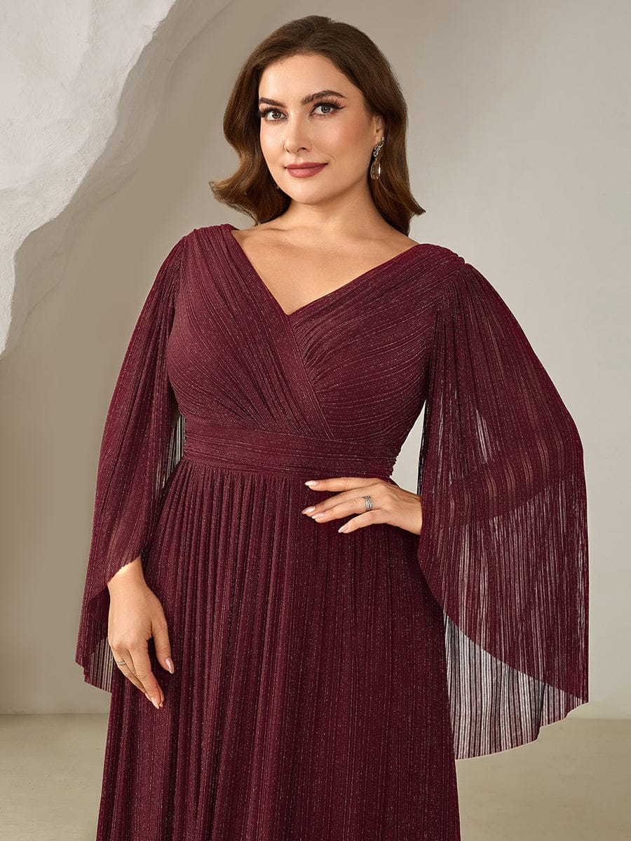 Deep V-Neck Mesh Batwing Sleeve Evening Dress #color_Burgundy