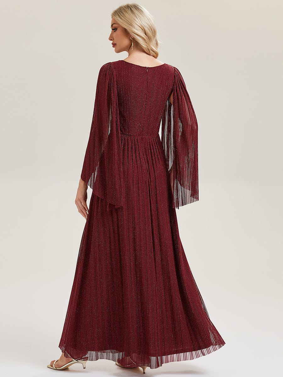 Deep V-Neck Mesh Batwing Sleeve Evening Dress #color_Burgundy