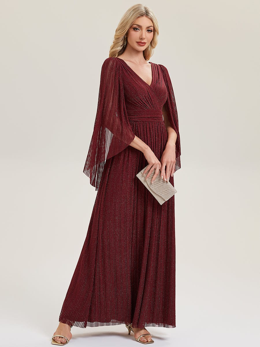 Deep V-Neck Mesh Batwing Sleeve Evening Dress #color_Burgundy