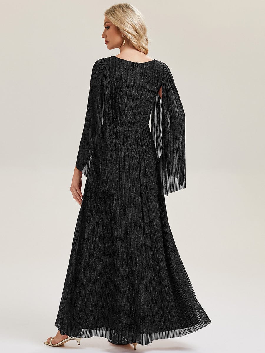 Deep V-Neck Mesh Batwing Sleeve Evening Dress #color_Black