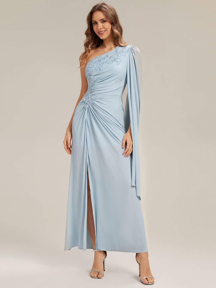Flowing Ribbons Knit Cape Sleeve Dress #color_Sky Blue