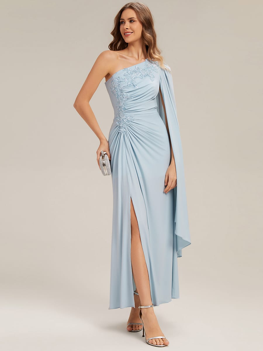 Flowing Ribbons Knit Cape Sleeve Dress #color_Sky Blue