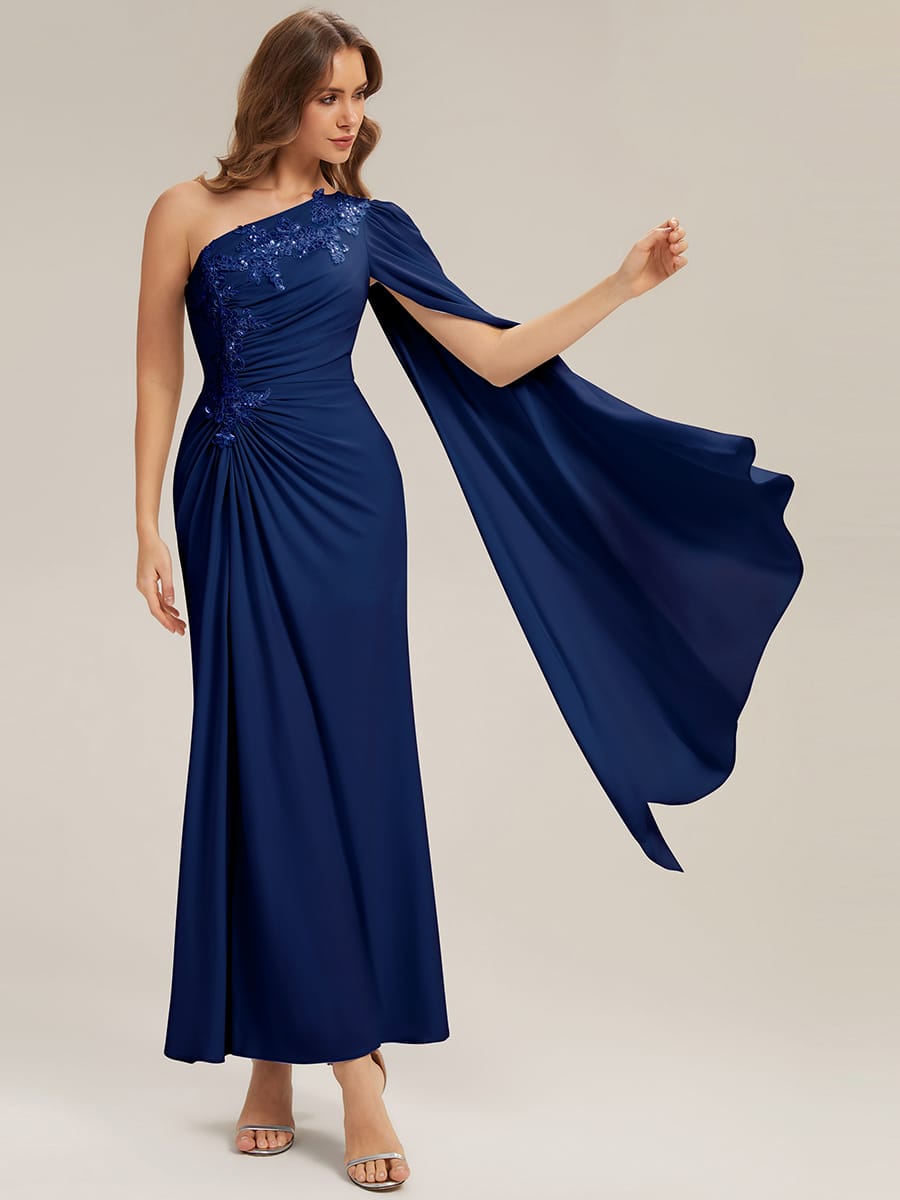 Flowing Ribbons Knit Cape Sleeve Dress #color_Navy Blue