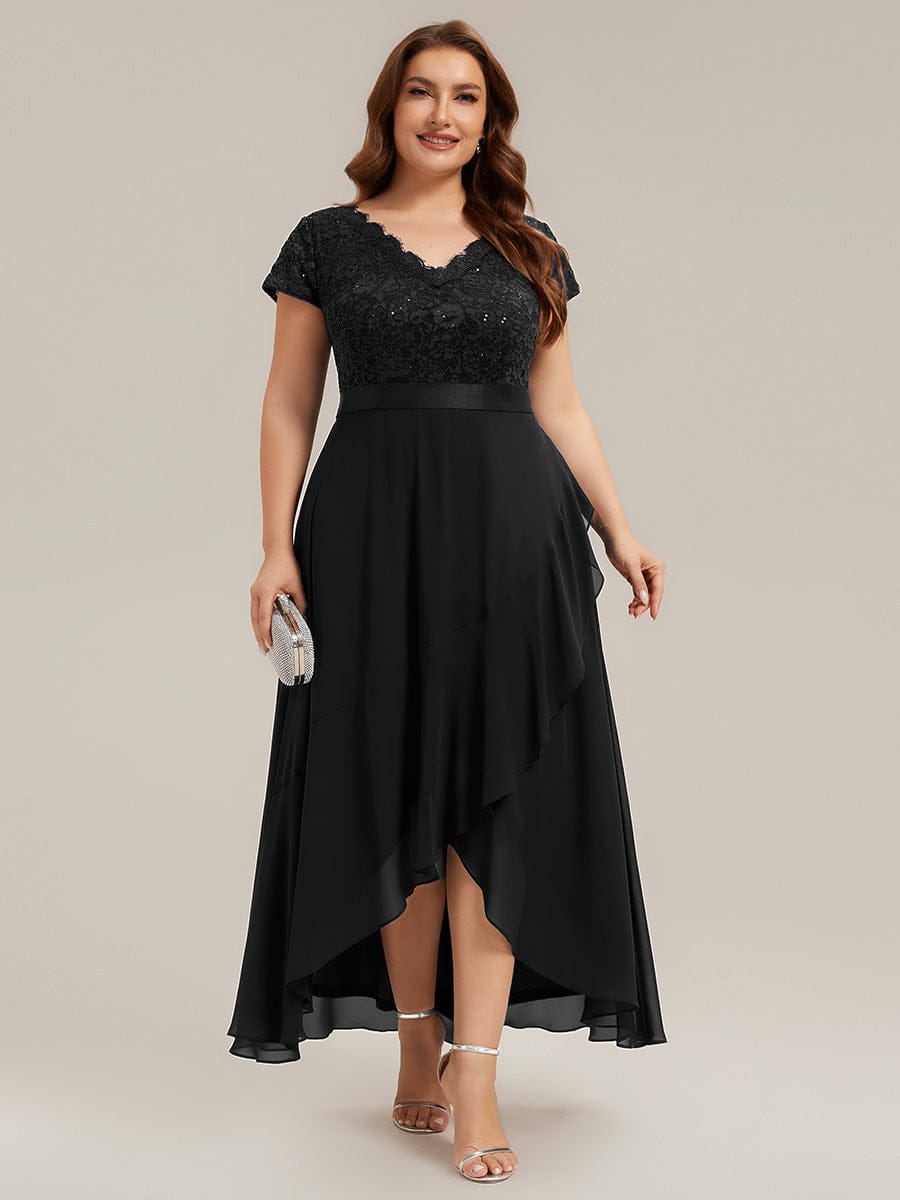 Deep V-Neck Chiffon Cap Sleeve Dress #color_Black