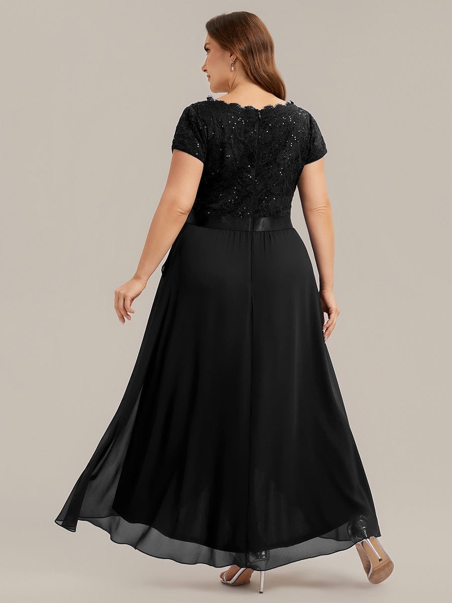 Deep V-Neck Chiffon Cap Sleeve Dress #color_Black