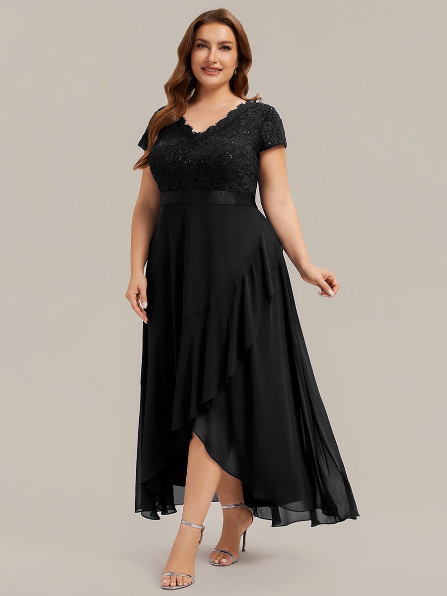 Deep V-Neck Chiffon Cap Sleeve Dress #color_Black